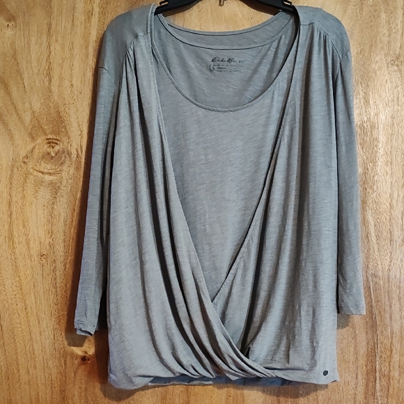 Eddie Bauer Tops - Eddie Bauer Outdoor Womens Comfy Slub Knit Faux Wrap Top Tan Cotton/Tencel Sz L